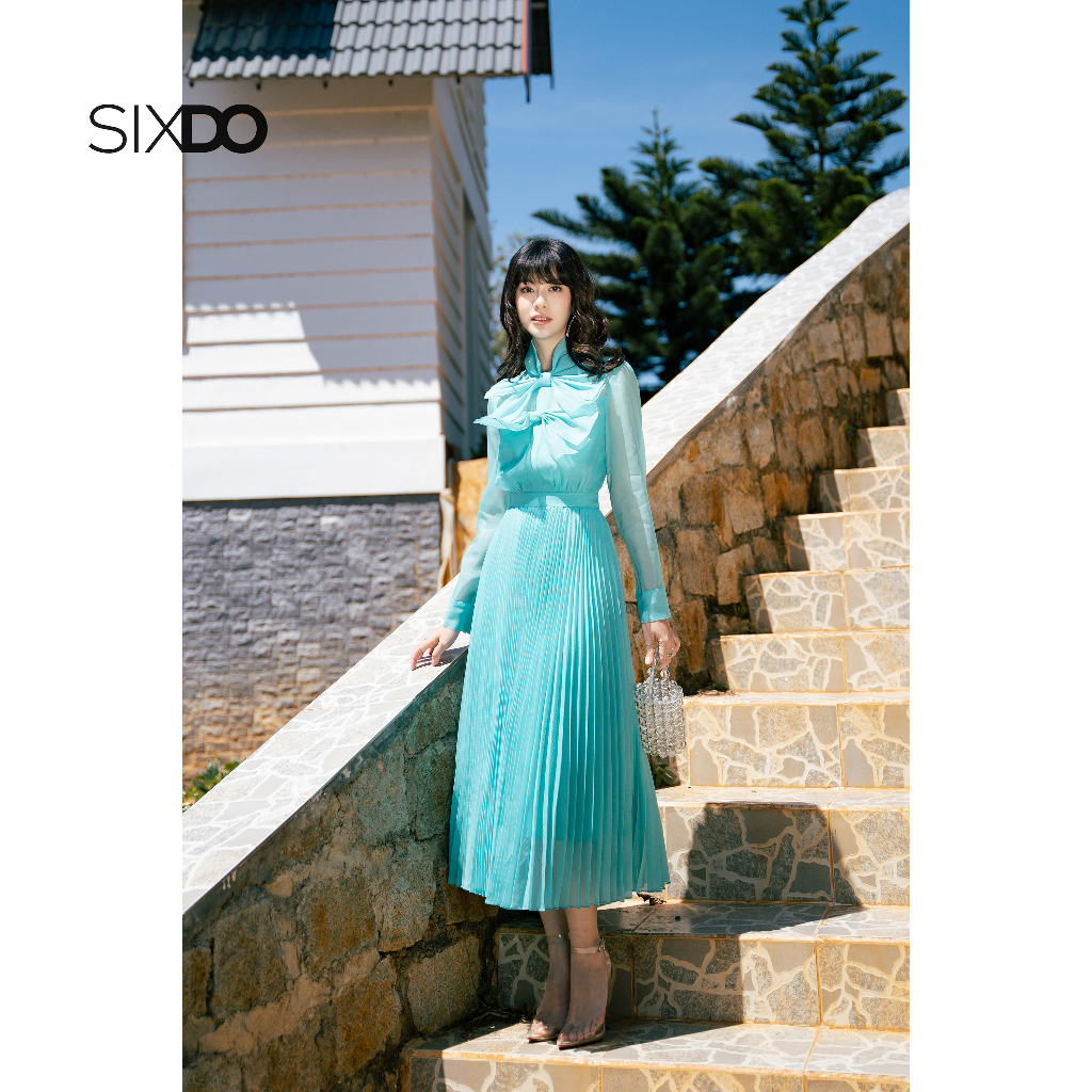 Đầm midi xanh ngọc xếp li phối nơ dài tay SIXDO Turquoise Bowtie Midi Dress