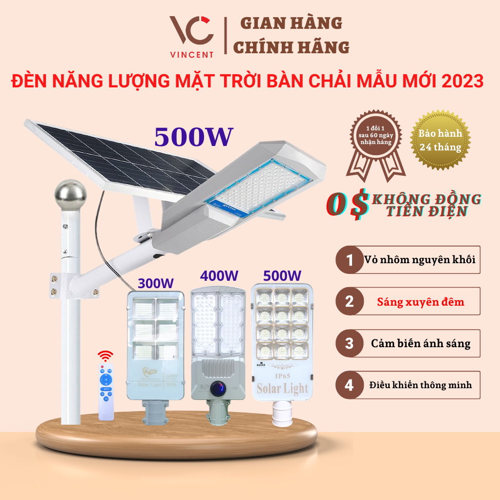 Đèn năng lượng mặt trời,đèn đường bàn chải công suất khủng 300W,500W,600W,vỏ nhôm,có remote,cảm biến, IP67,BH 24 tháng