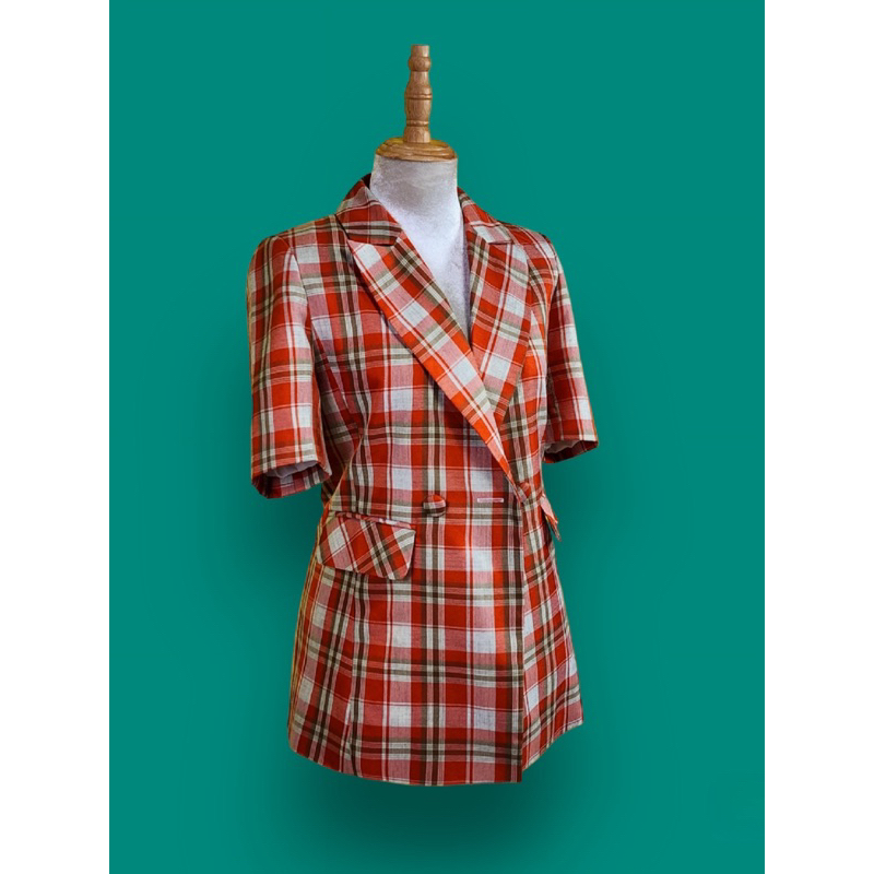 Áo blazer nữ màu cam đỏ caro [MAY THEO SỐ ĐO] -áo khoác vest -chất liệu cao cấp, 2 lớp-lót lụa ngắn tay