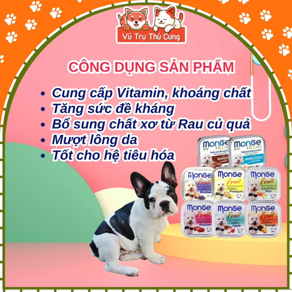 Pate cho Chó MONGE hộp 100g, từ Thịt và Rau củ quả, cung cấp chất xơ và Vitamin cho Chó