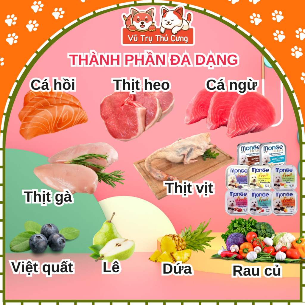 Pate cho Chó MONGE hộp 100g, từ Thịt và Rau củ quả, cung cấp chất xơ và Vitamin cho Chó