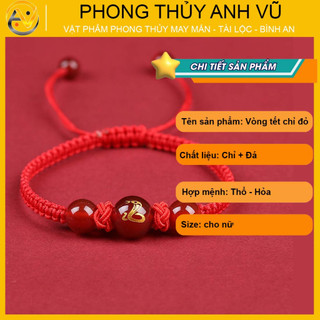 Vòng tết chỉ đỏ tuổi tỵ chất liệu dây dù đá mã não - may mắn tài lộc bình an - Phong Thủy Anh Vũ