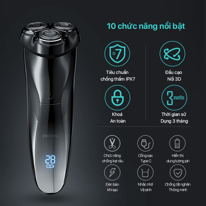 Ảnh Máy cạo râu Enchen Blackstone 3, máy cạo râu chống nước IPX7, pin sạc, lưỡi dao nổi 3D - BH 6 tháng 2