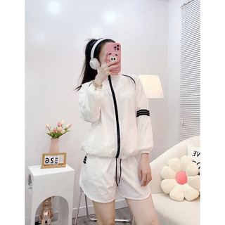 Set Bộ Gió Nữ Basic In 3 Sọc Tay Áo Khoác Dài Tay Dây Rút Gấu Mix Quần Sooc Đùi Freesize