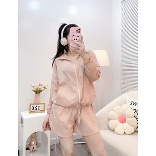 Set Bộ Gió Nữ Basic In 3 Sọc Tay Áo Khoác Dài Tay Dây Rút Gấu Mix Quần Sooc Đùi Freesize