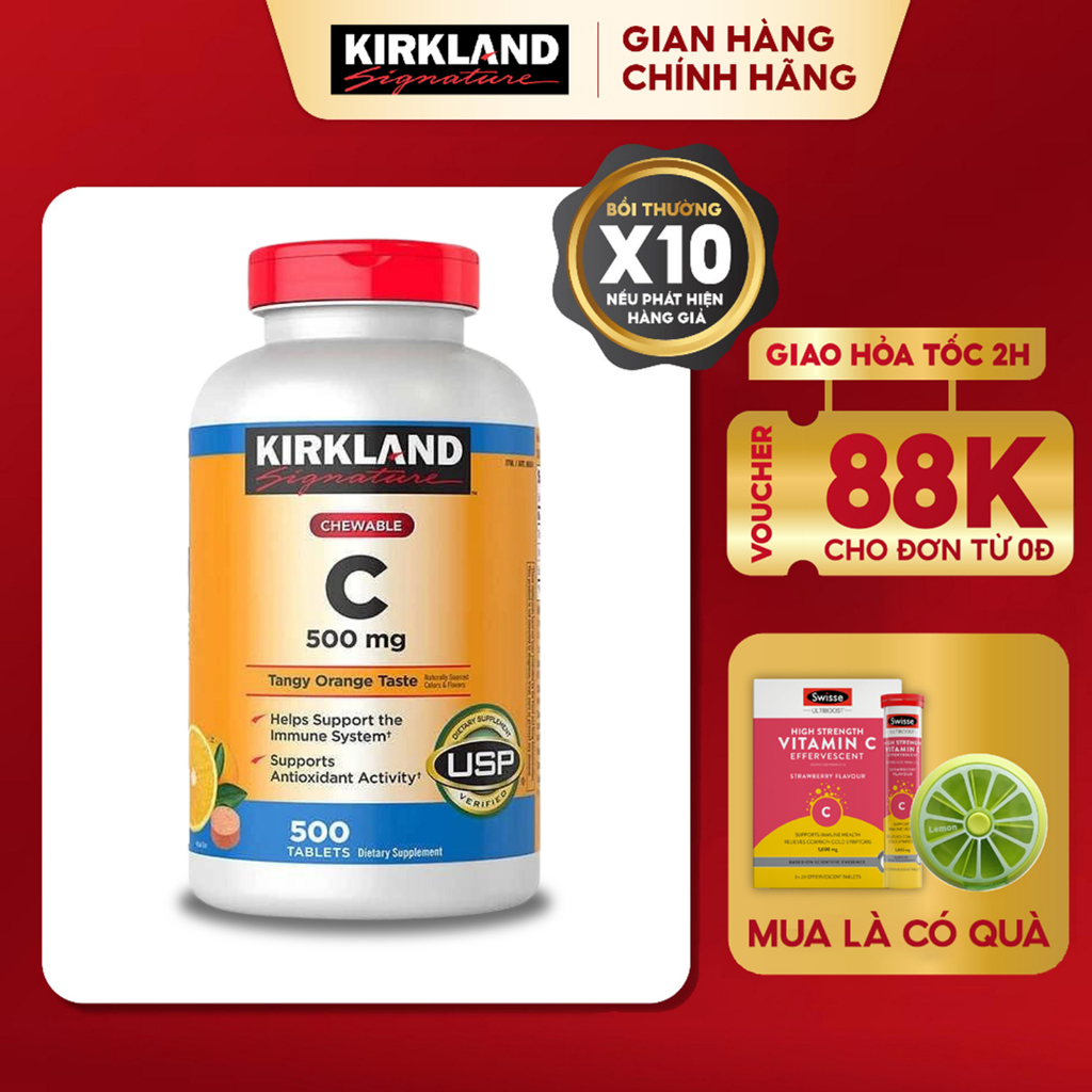 Viên nhai bổ sung vitamin C Kirkland Signature Vitamin C 500mg giúp