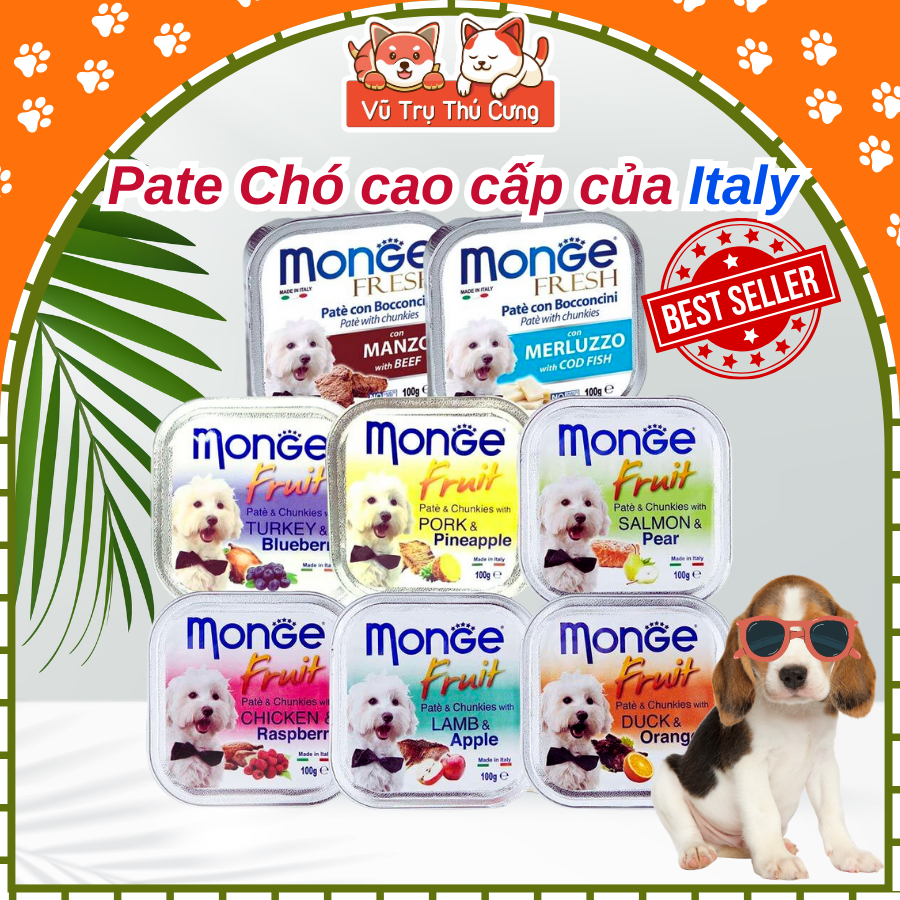 Pate cho Chó MONGE hộp 100g, từ Thịt và Rau củ quả, cung cấp chất xơ và Vitamin cho Chó
