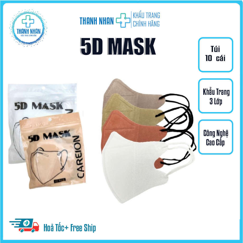 [Túi 10 Cái] Khẩu Trang 5D Tấn Phát Nhiều Màu Thiết Kế Ôm Mặt Hỗ Trợ Lọc Bụi