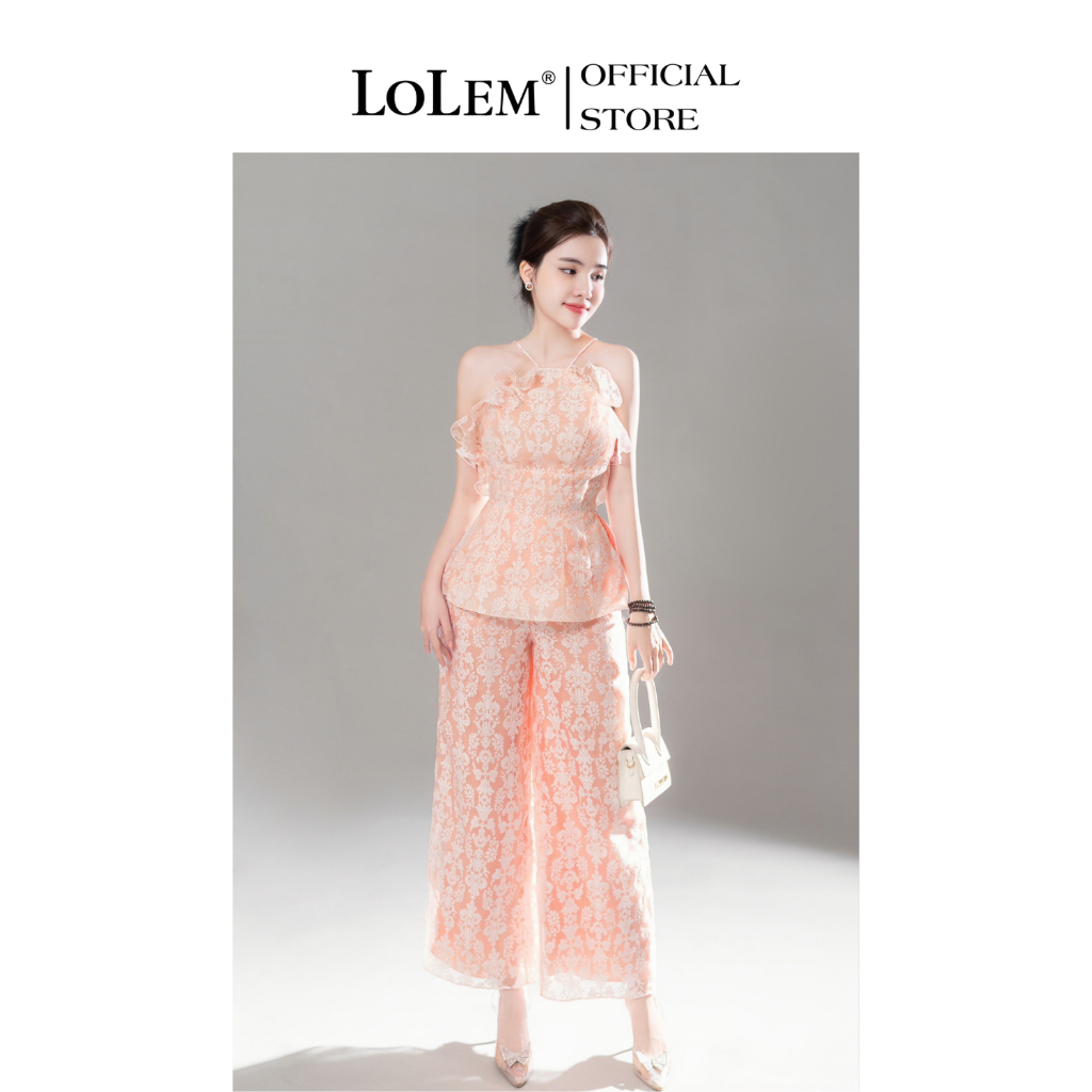 Set áo cổ yếm quần ống rộng LOLEM SQ061 form peplum chất voan tơ hoa sang trọng