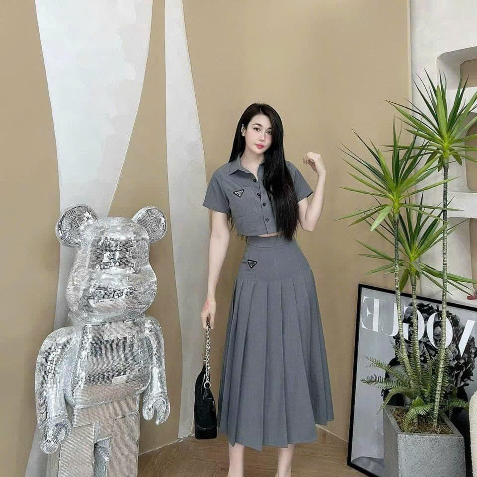 Sét váy nữ thiết kế công sở chất chất cotton lạnh áo sơmi form ngắn ...