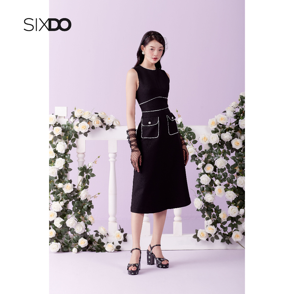 Đầm midi thô sát nách phối túi thời trang SIXDO Black Midi Raw Dress With Pockets