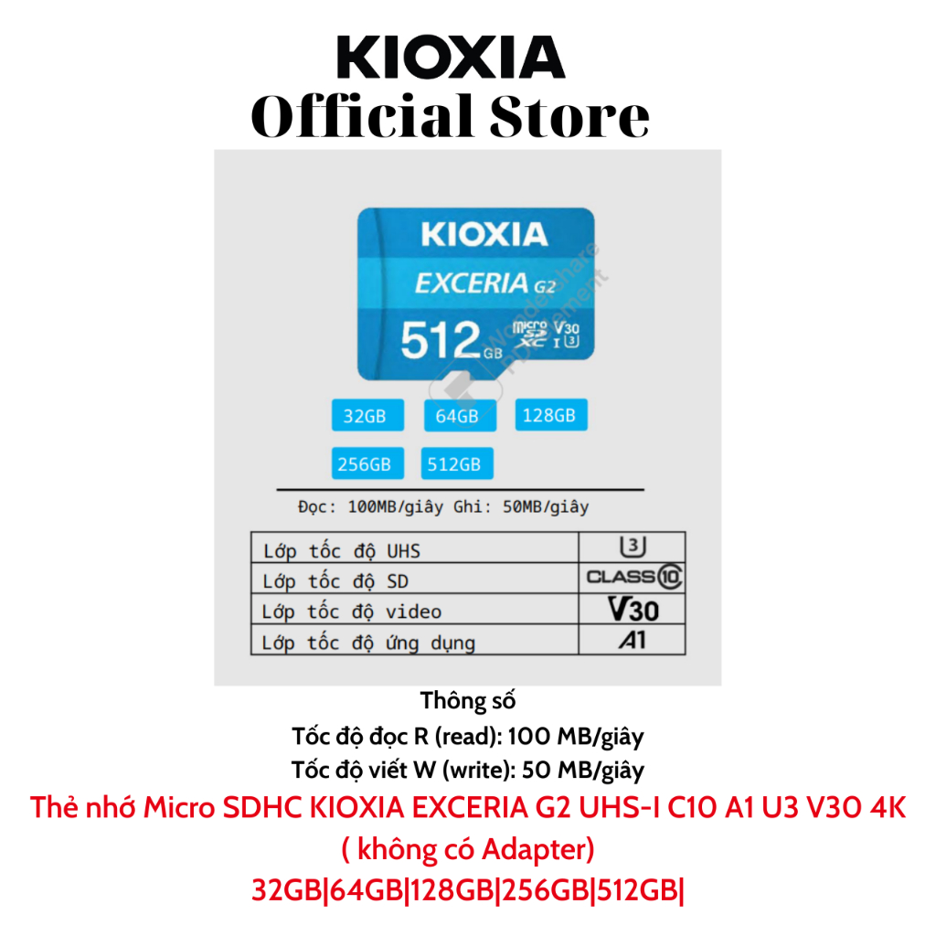Thẻ nhớ Dung Lượng Lớn 1TB / 512GB / 256GB KIOXIA EXCERIA / EXCERIA G2 UHS-I C10 A1 U3 V30 4K  - Hàng Chính Hãng