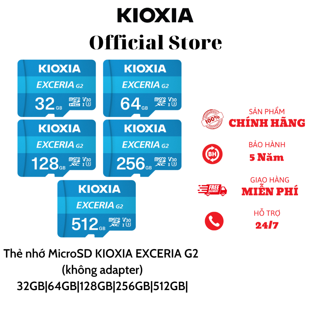 Thẻ nhớ Dung Lượng Lớn 1TB / 512GB / 256GB KIOXIA EXCERIA / EXCERIA G2 UHS-I C10 A1 U3 V30 4K  - Hàng Chính Hãng