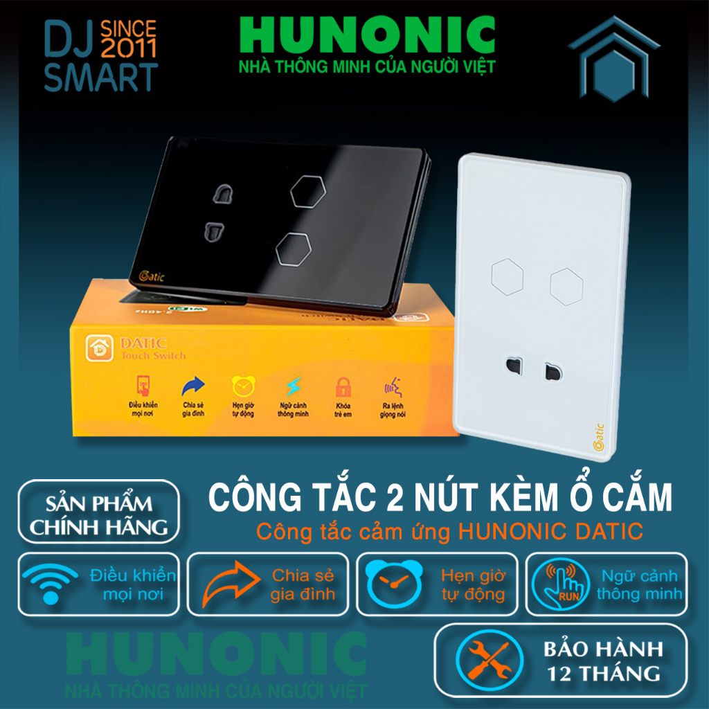 Công Tắc Cảm Ứng Thông Minh HUNONIC DATIC 2 Nút kèm ổ cắm, Điều Khiển ...