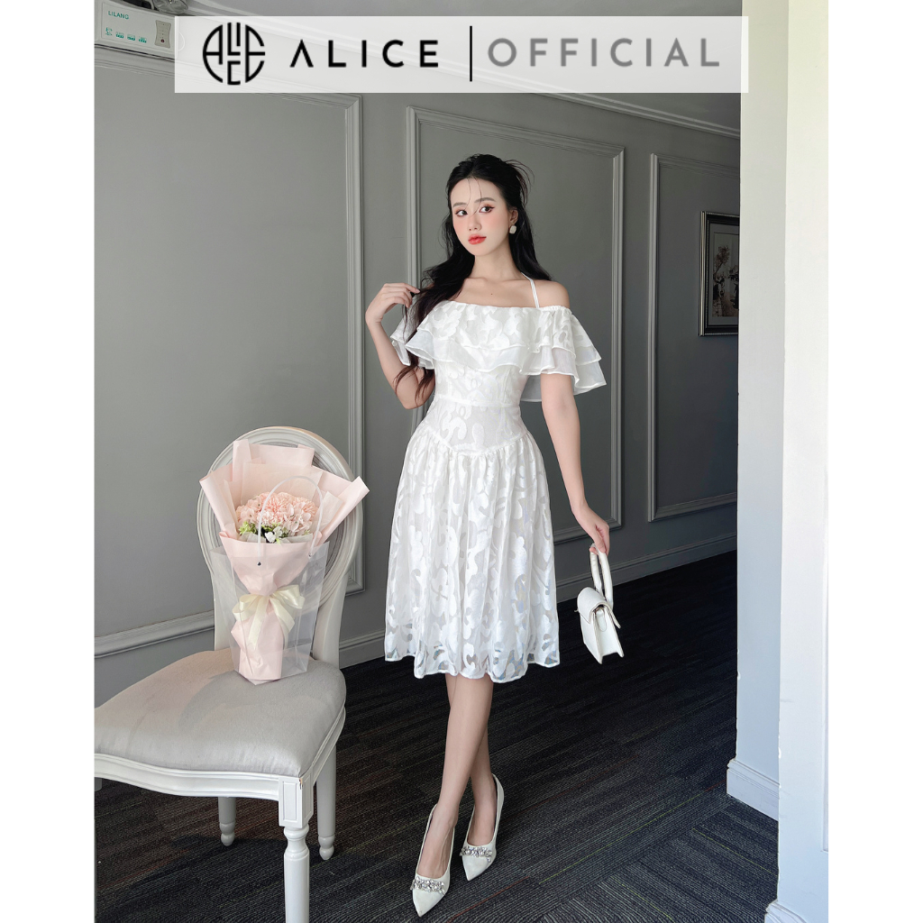 Váy Tiểu Thư Trễ Vai Ren Nhũ Phối Tơ Óng Lót Lụa Alice Dáng Xoè Che Khuyết Điểm, Chất Ren Mềm Mát V947