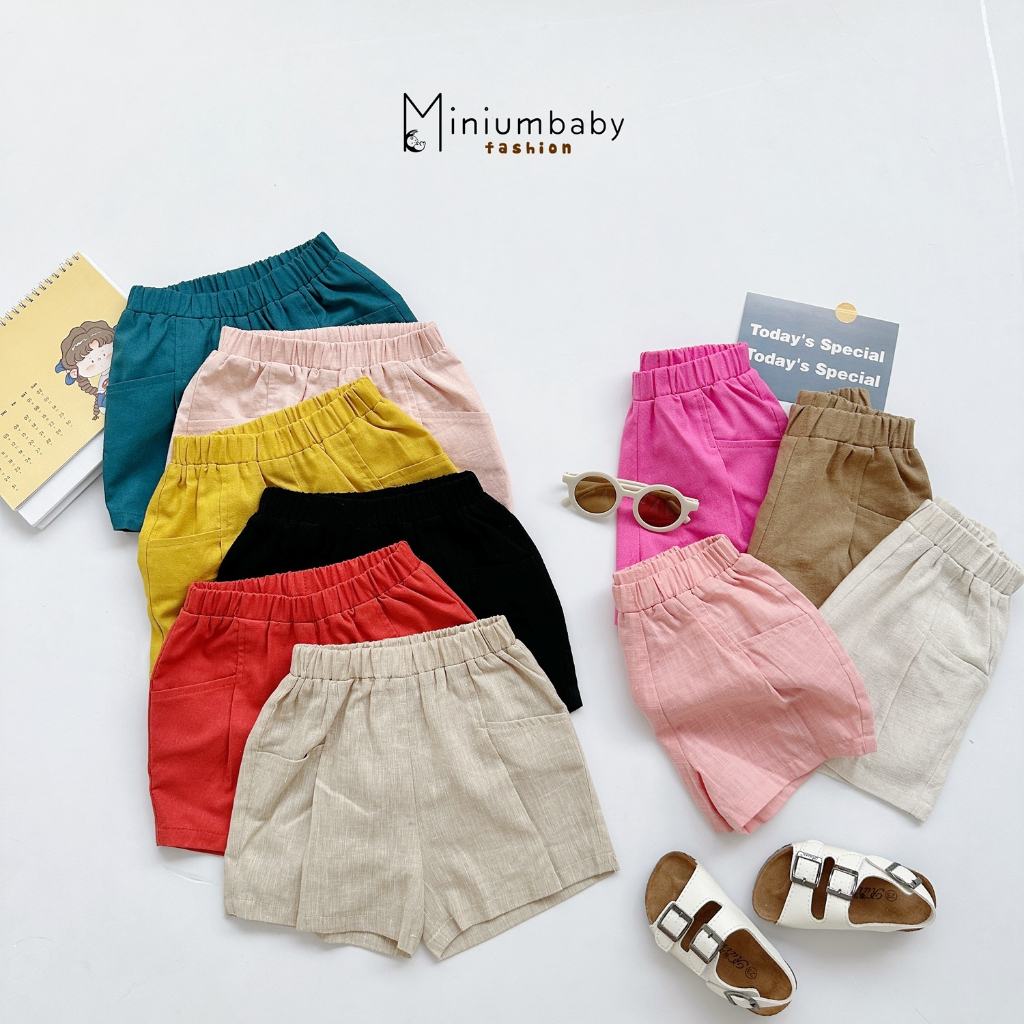 Quần đùi bé trai, bé gái mặc hè Miniumbaby chất linen mềm nhiều màu sắc, bé 1-6 tuổi QC1599
