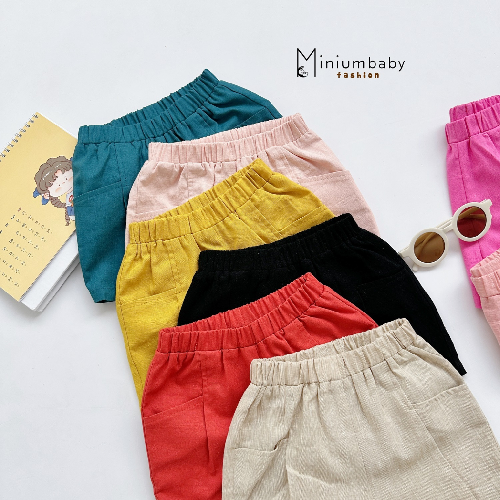 Quần đùi bé trai, bé gái mặc hè Miniumbaby chất linen mềm nhiều màu sắc, bé 1-6 tuổi QC1599