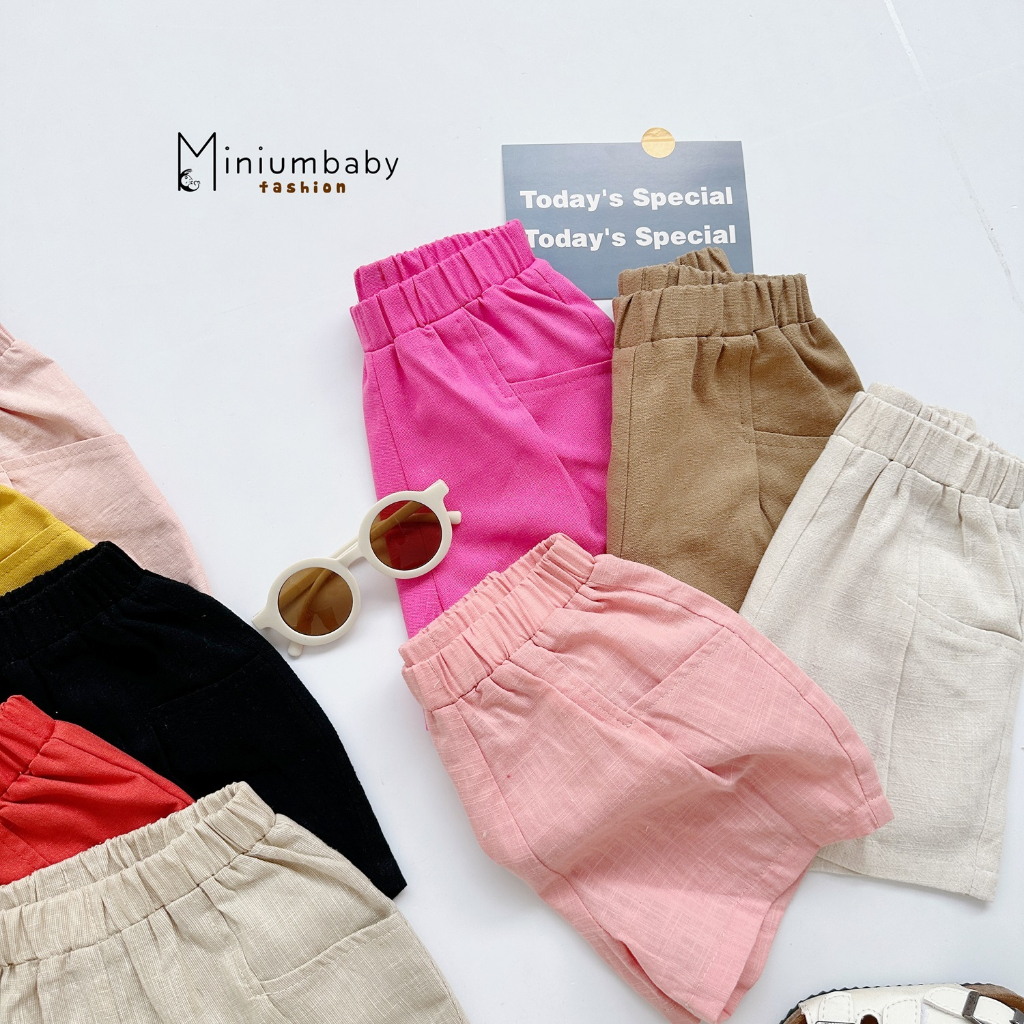 Quần đùi bé trai, bé gái mặc hè Miniumbaby chất linen mềm nhiều màu sắc, bé 1-6 tuổi QC1599