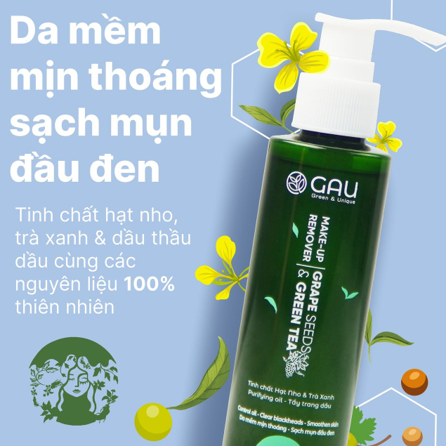 Dầu Tẩy Trang Tự nhiên Hạt Nho Trà Xanh GAU Sạch mụn đầu đen Đánh bay Makeup chống trôi 150ml