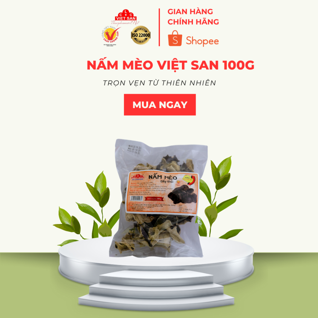 Nấm Mèo Đen Nguyên Tai Việt San 100g - Cánh Dày, Giòn Dai, Sạch Tiện Lợi - Mộc Nhĩ Khô Nấu Canh Xào