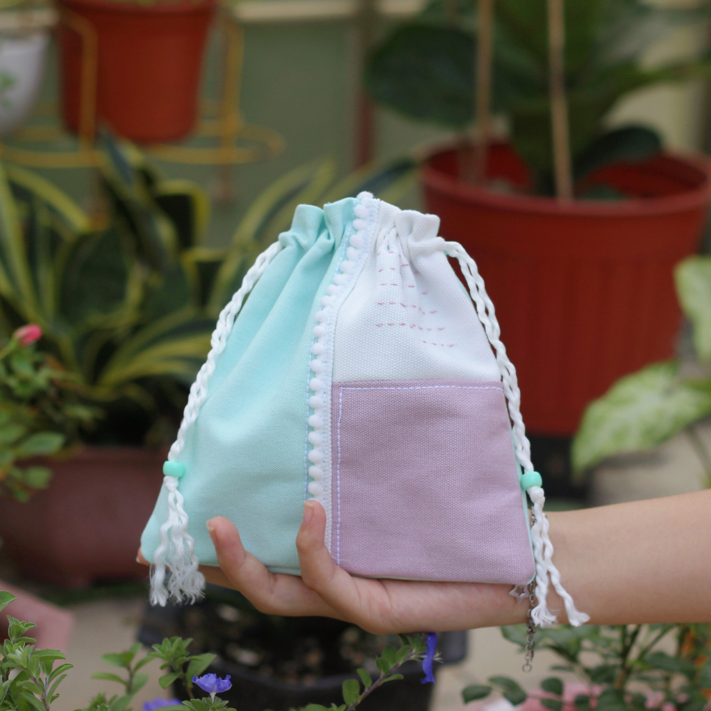 Túi rút mini vải canvas chắp vá phối ren xinh xắn thêu mũi đột thưa ...