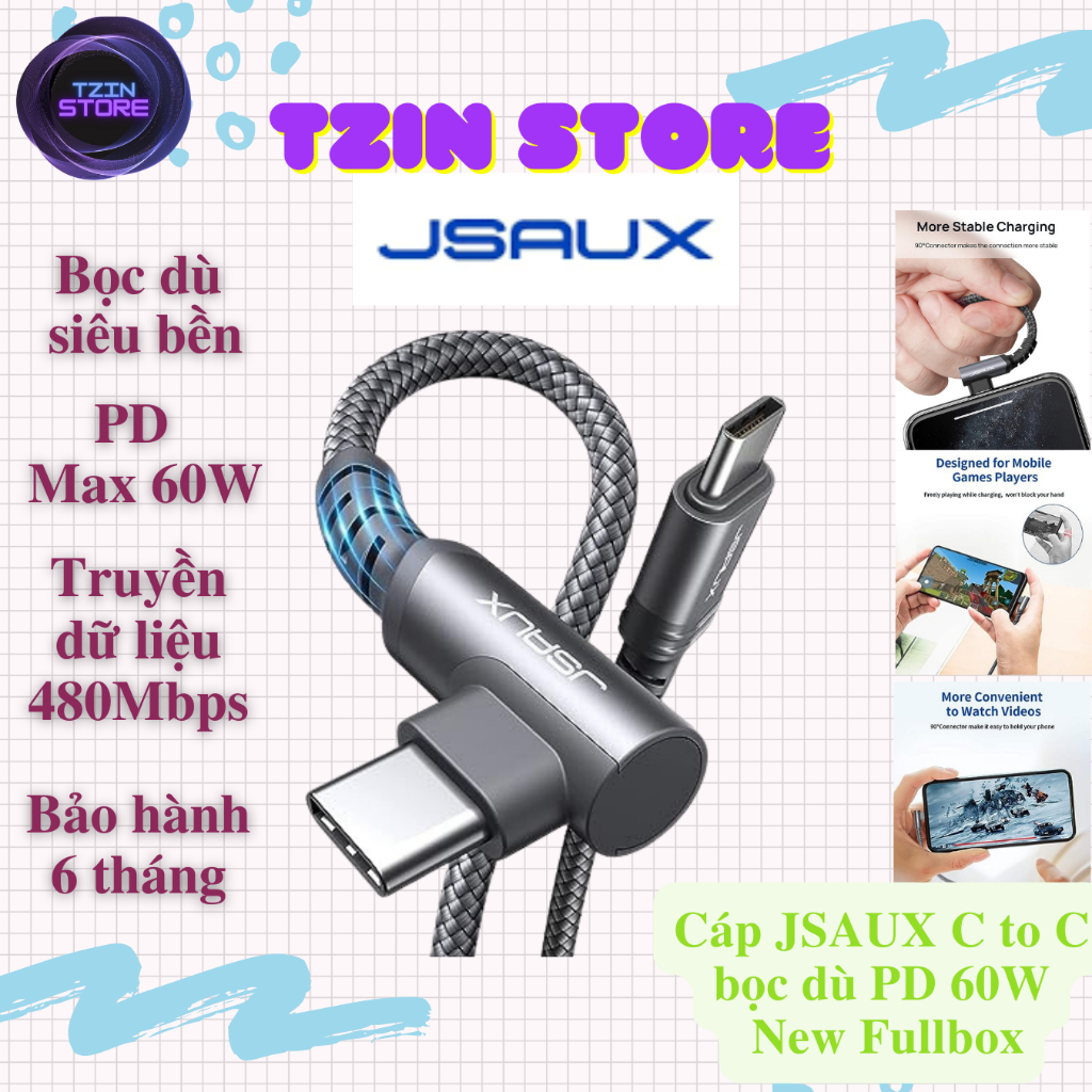 Cáp sạc nhanh Jsaux 3A USB C To USB C 2.0 Flex Series Cable 1.2M max ...