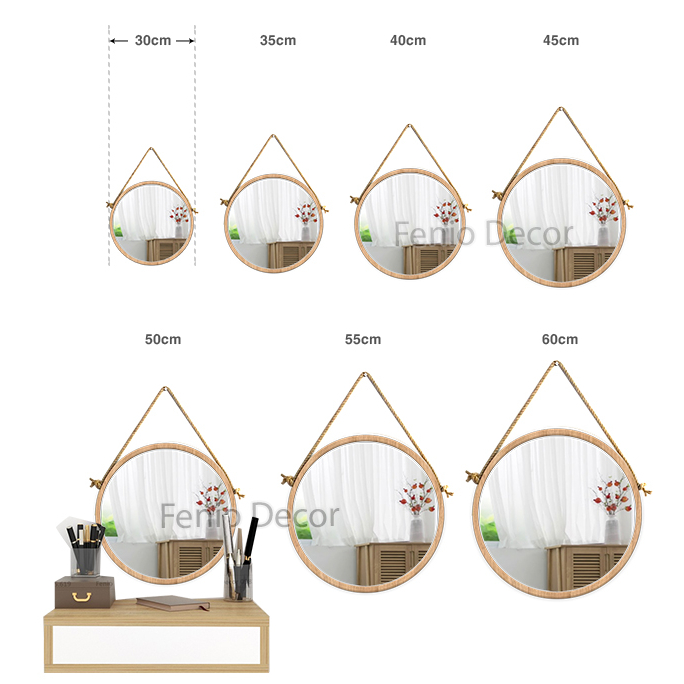 Ảnh Gương tròn treo tường khung viền GỖ SỒI GỖ TỰ NHIÊN KHÔNG Ố MỐC decor treo tường dây thừng hoặc móc treo phía sau 3