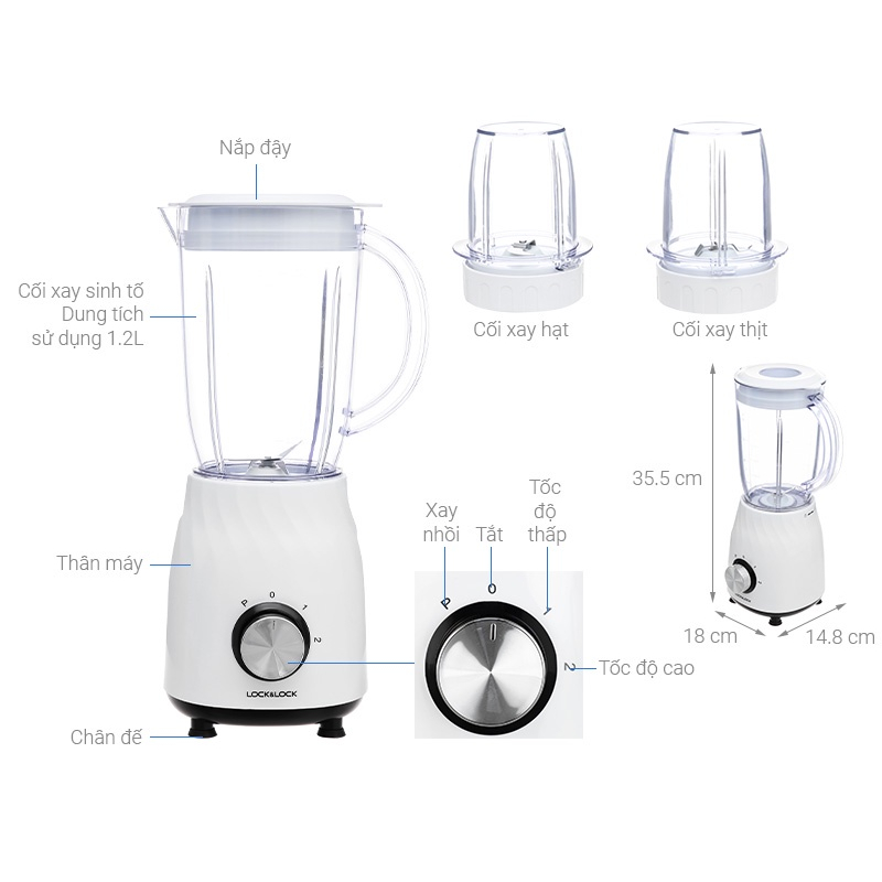 Máy xay sinh tố đa năng LocknLock dung tích 1.2L EJM462 , 3 cối xay, lưỡi dao thép không rỉ - K-MALL