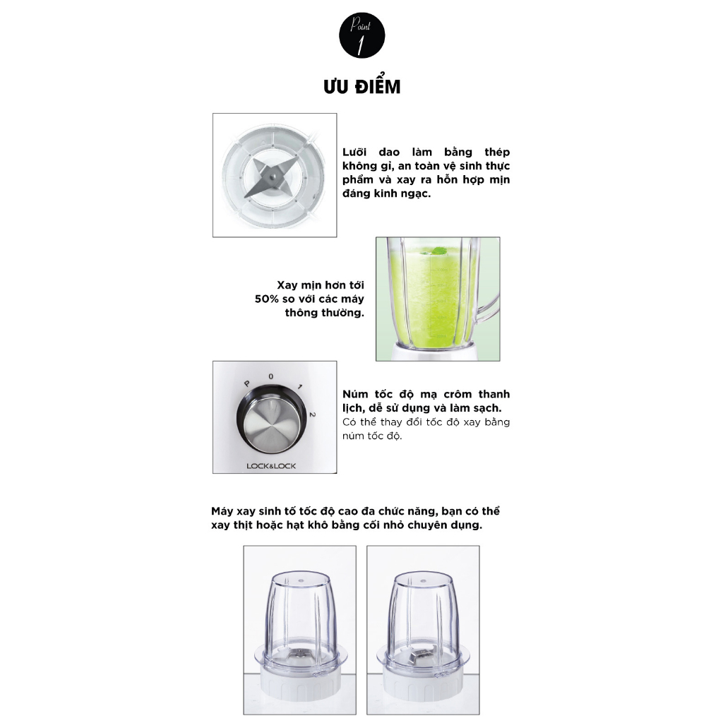 Máy xay sinh tố đa năng LocknLock dung tích 1.2L EJM462 , 3 cối xay, lưỡi dao thép không rỉ - K-MALL