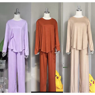Bộ Ủ Kem ,Mặc Nhà Thun Lạnh Vạt Bầu  Mịn,Thấm Mồ Hôi, Không Nhăn Nhàu, Xù Lông, Tay Dài Quần Suông Freesize 45-70kg