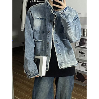 Áo Khoác Jeans From Rộng Dáng Suống Cổ Đứng Phối 4 Túi, Thời Trang Unisex Màu Wash Cao Cấp