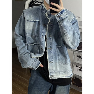Áo Khoác Jeans From Rộng Dáng Suống Cổ Đứng Phối 4 Túi, Thời Trang Unisex Màu Wash Cao Cấp