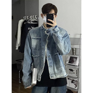 Áo Khoác Jeans From Rộng Dáng Suống Cổ Đứng Phối 4 Túi, Thời Trang Unisex Màu Wash Cao Cấp
