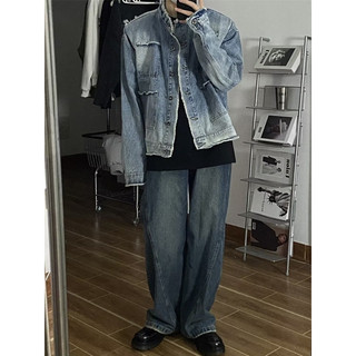 Áo Khoác Jeans From Rộng Dáng Suống Cổ Đứng Phối 4 Túi, Thời Trang Unisex Màu Wash Cao Cấp
