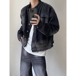 Áo Khoác Jeans From Rộng Dáng Suống Cổ Đứng Phối 4 Túi, Thời Trang Unisex Màu Wash Cao Cấp