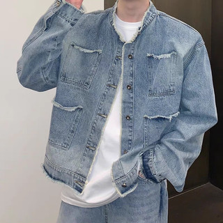 Áo Khoác Jeans From Rộng Dáng Suống Cổ Đứng Phối 4 Túi, Thời Trang Unisex Màu Wash Cao Cấp