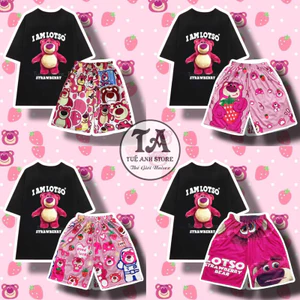 Set Bộ Đùi Gấu Dâu Lotso cotton quần áo hoạt hình hoạ tiết cute - Bộ mặc nhà Cartoon form rộng Unisex nam nữ