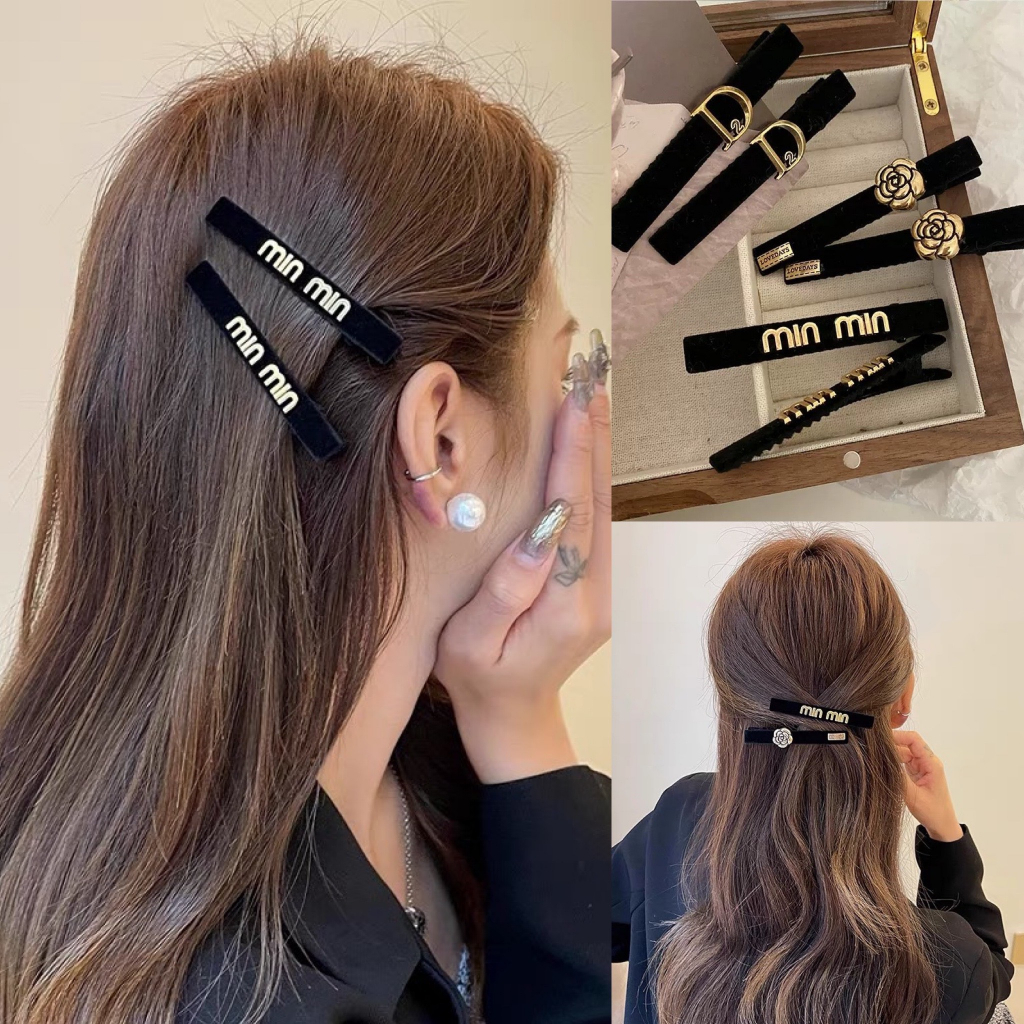 Kẹp Tóc Mỏ Vịt Màu Đen Nhung Đính Chữ Min/ Chữ D/Hoa Trà Xinh Xắn Phong Cách Retro Cho Nữ Empoli