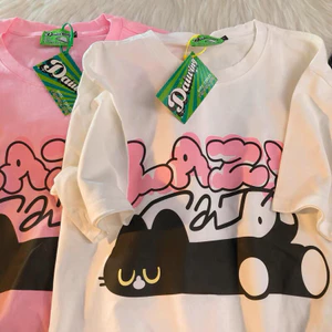 Áo thun chất cotton su form rộng tay lỡ - mèo lazy