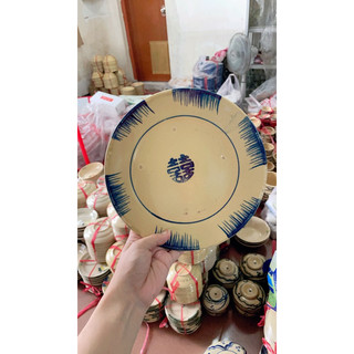 Dĩa Gốm Phết Xanh Cổ Xưa Size Đại Phẳng Đường Kính 22cm (Dĩa Mét) - Gốm Xưa Lái Thiêu Cho Người Hoài Niệm - Gốm Nam Bộ
