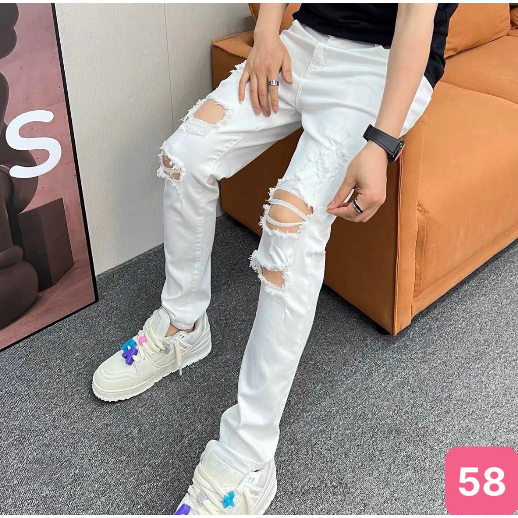 Quần jean nam boy phố rách gối màu trắng trơn form skinny chất bò cao ...