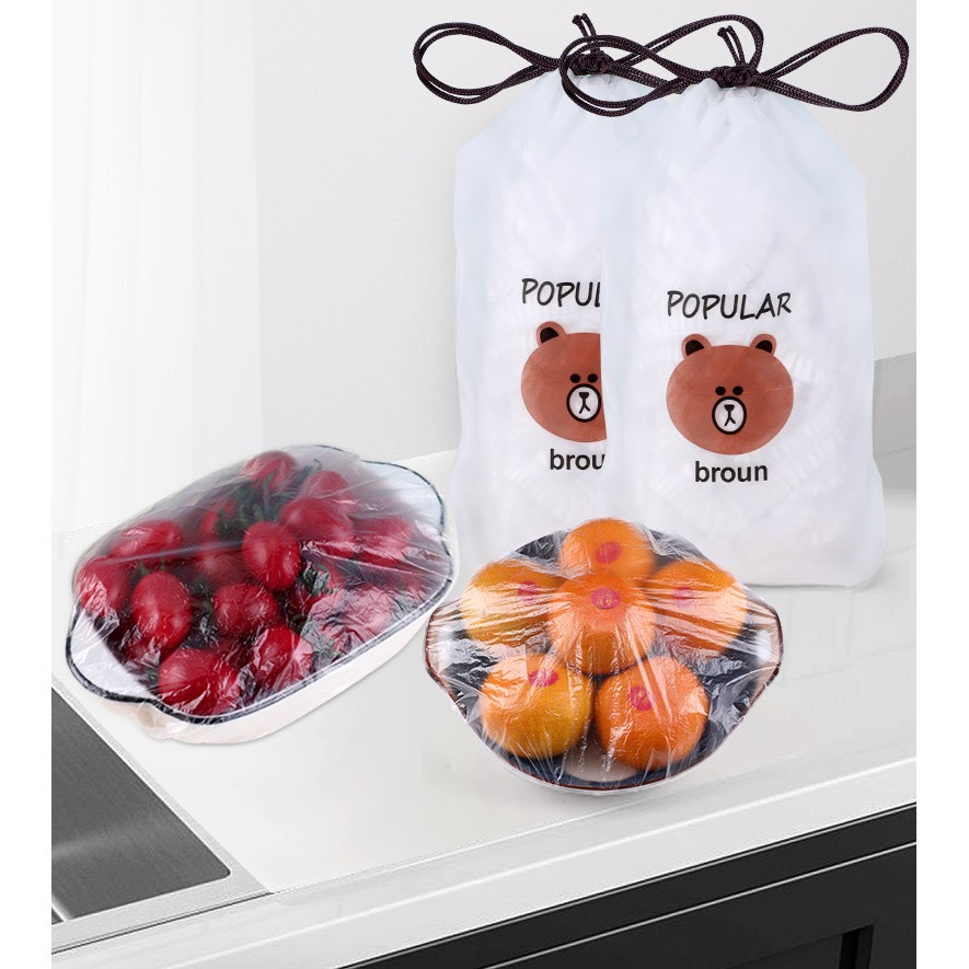 Túi, Màng Bọc Thực Phẩm 100 Cái PE Kèm Túi Gấu Siêu Dai Có Chun Co Giãn Bọc Đồ Ăn, Chùm Đầu Đa Năng Có Thể Tái Sử Dụng.