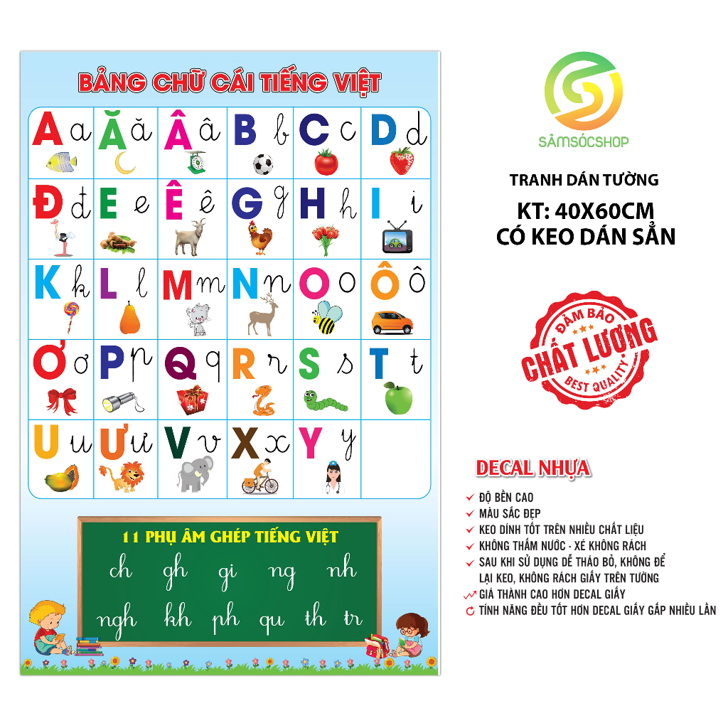 Tranh Decal Nhựa Dán Tường Có Keo - Bảng Chữ Cái Cho Bé 1-6T Và Nhiều Phân Loại Khác, bé học thông minh.