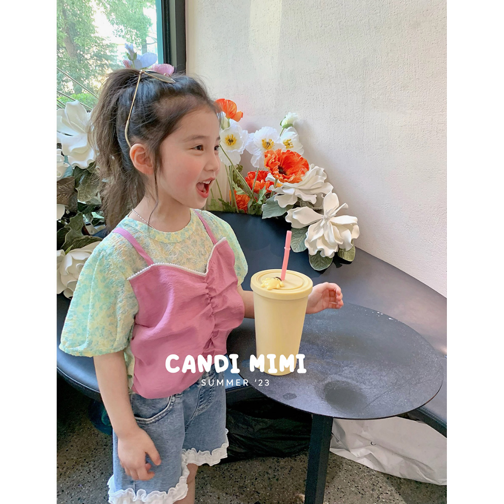 Áo Bé Gái Cách Điệu Giả Yếm 2 Lớp CANDI MIMI 2023 - Vải Hoạ Tiết Hoa, Thấm Hút Mồ Hôi - Phong Cách Hàn Quốc
