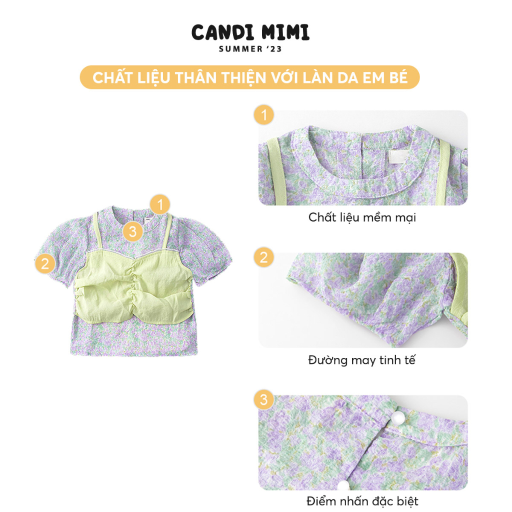 Áo Bé Gái Cách Điệu Giả Yếm 2 Lớp CANDI MIMI 2023 - Vải Hoạ Tiết Hoa, Thấm Hút Mồ Hôi - Phong Cách Hàn Quốc