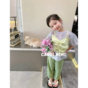 Áo Bé Gái Cách Điệu Giả Yếm 2 Lớp CANDI MIMI 2023 - Vải Hoạ Tiết Hoa, Thấm Hút Mồ Hôi - Phong Cách Hàn Quốc