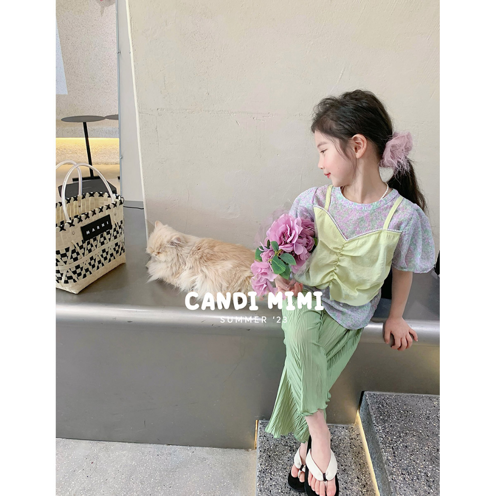 Áo Bé Gái Cách Điệu Giả Yếm 2 Lớp CANDI MIMI 2023 - Vải Hoạ Tiết Hoa, Thấm Hút Mồ Hôi - Phong Cách Hàn Quốc