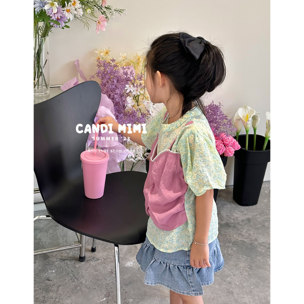 Áo Bé Gái Cách Điệu Giả Yếm 2 Lớp CANDI MIMI 2023 - Vải Hoạ Tiết Hoa, Thấm Hút Mồ Hôi - Phong Cách Hàn Quốc