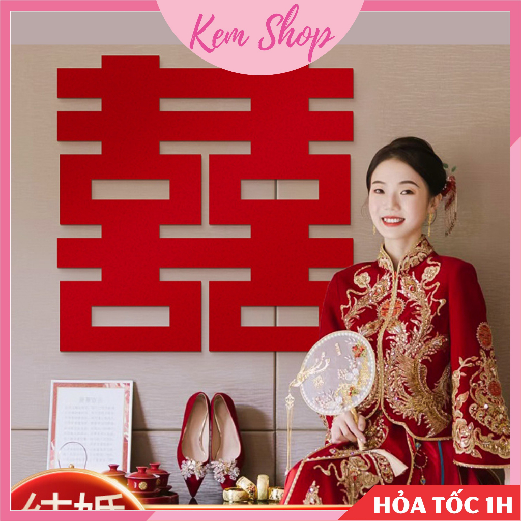 Chữ hỷ vuông vải nỉ dạ phong cách Trung Hoa trang trí đám cưới, chụp ảnh cưới - Kem Shop K351