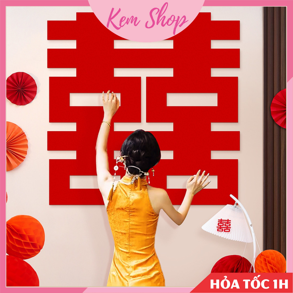 Chữ hỷ vuông vải nỉ dạ phong cách Trung Hoa trang trí đám cưới, chụp ảnh cưới - Kem Shop K351